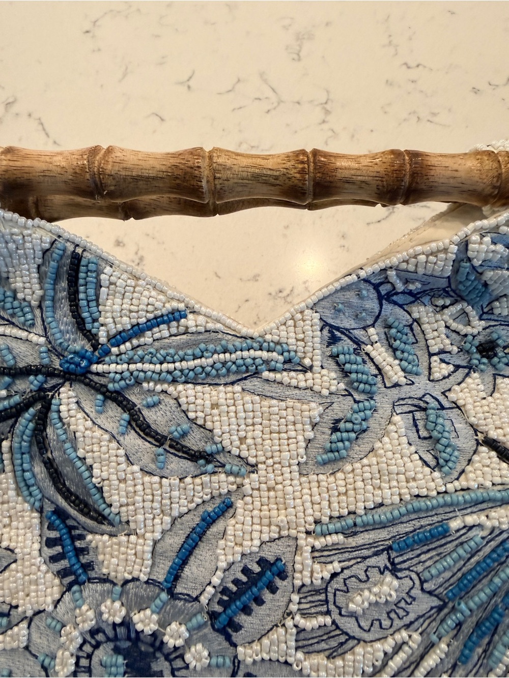 Viral Beaded Floral Handbag with Bamboo Handle - Blue & White - Picture 3 of 8